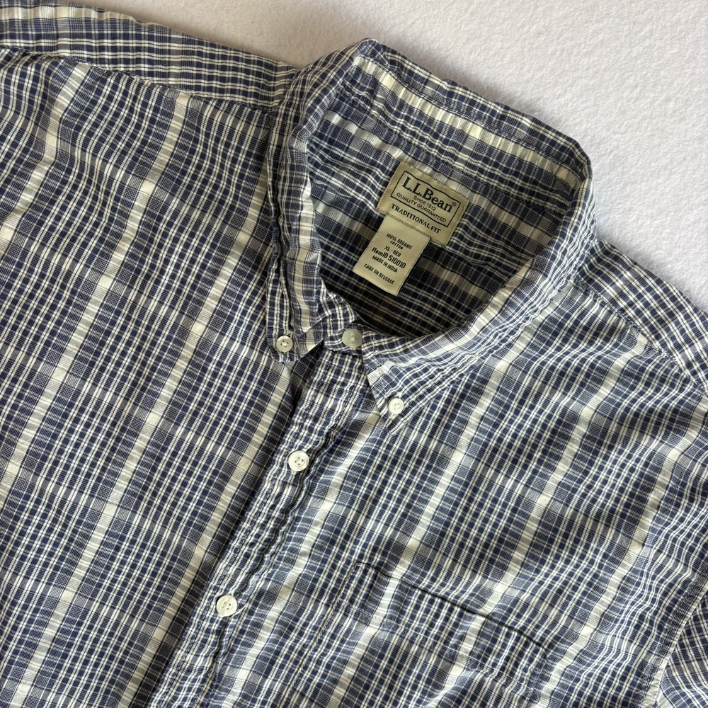 L.L.Bean Men's XL Blue White Plaid Cotton Traditional Fit Long Sleeve Button-Up
